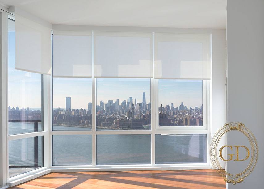 a large window with a view of a city